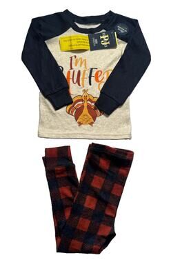 PJ Essentials Thanksgiving Pajama Set 2T I’m Stuffed Turkey Buffalo Plaid NWT
